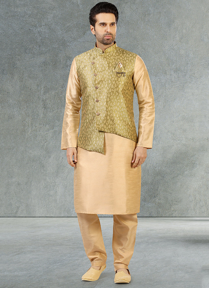 Olive Green Banarasi Silk Kurta Pajama | Fancy Jacket Wedding & Festive Wear