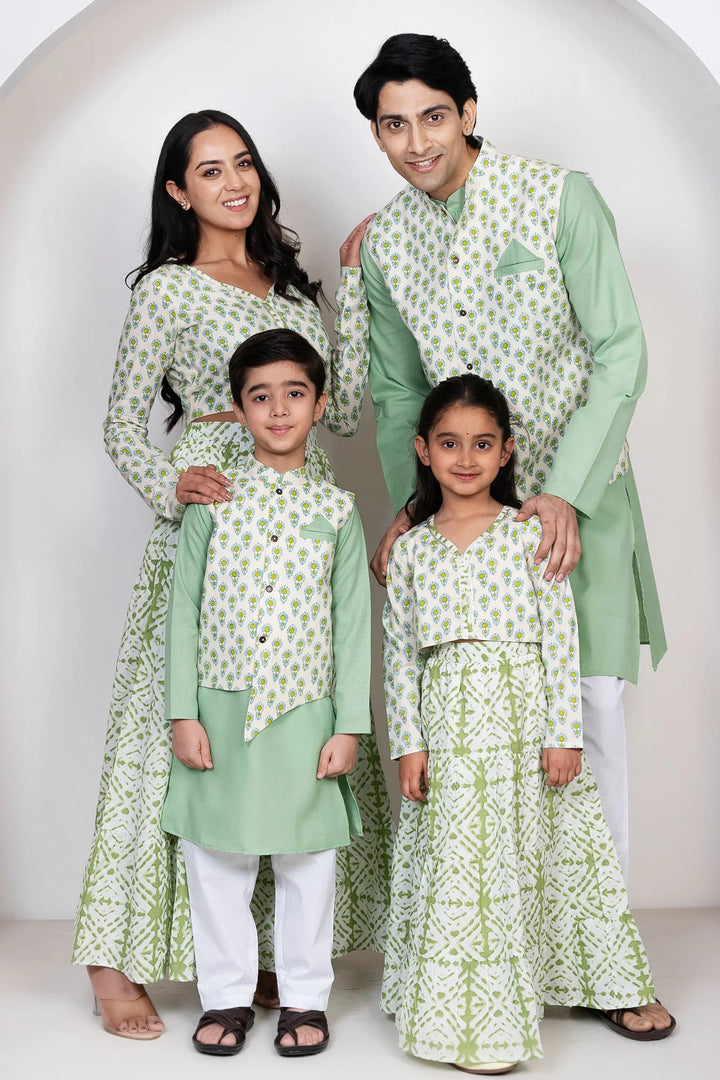 Sea Green Cotton Lehenga Choli with Matching Kurta Pyjama and Jacket Set - Family Twin Set
