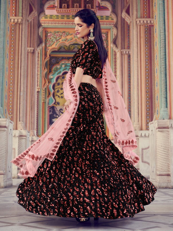 Black and Red Floral Lehenga | Pastel Pink Dupatta Bridal Ensemble
