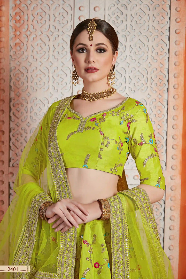 Neon Green Art Silk Lehenga | Sequins, Zari & Thread Work Elegance