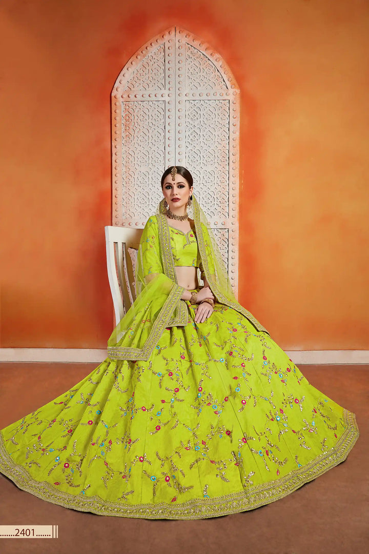 Neon Green Art Silk Lehenga | Sequins, Zari & Thread Work Elegance