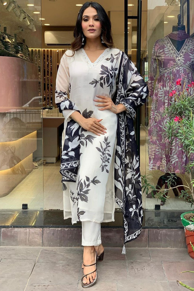 Floral Print Kurta Pant Dupatta Set | Digital Thread Zari Work Kurti
