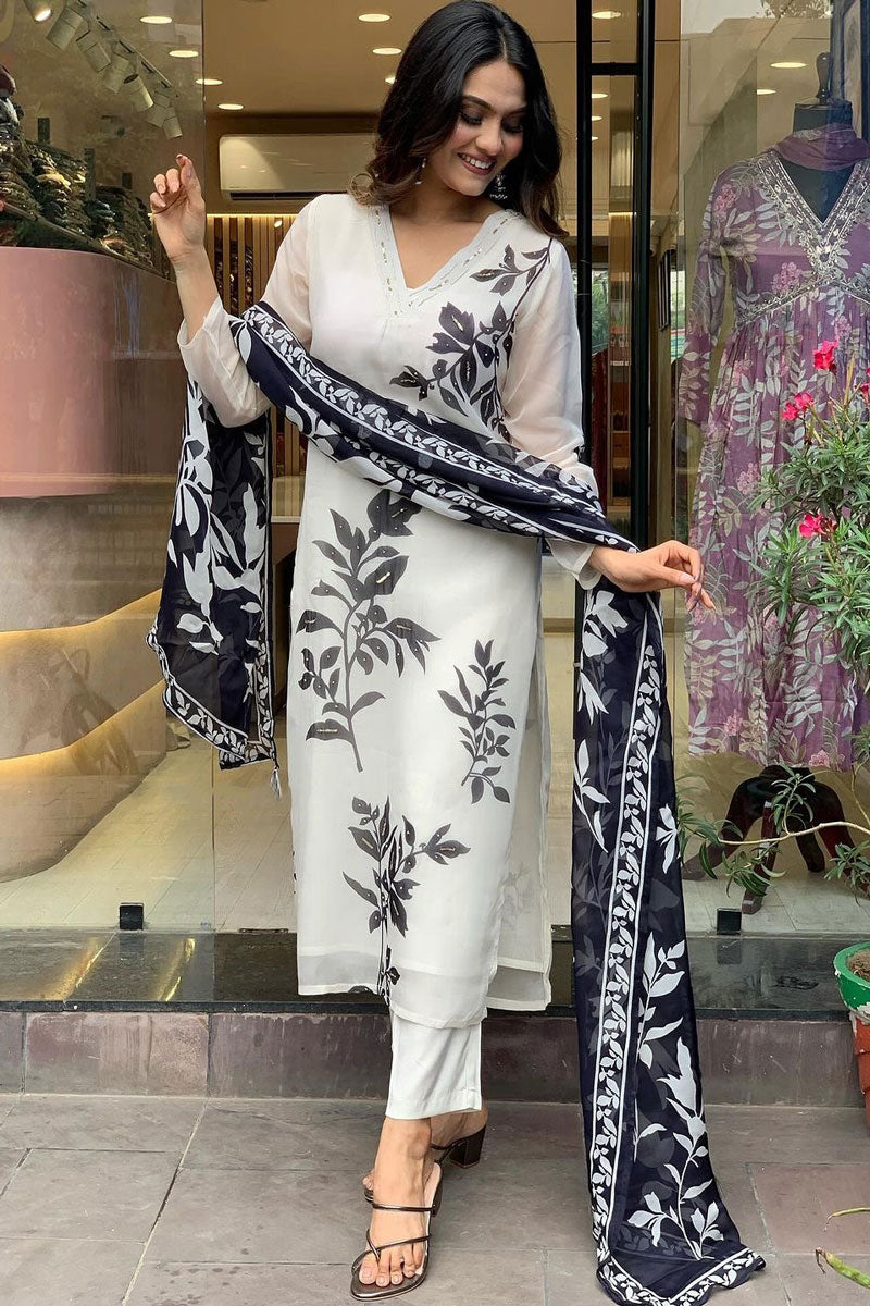 Floral Print Kurta Pant Dupatta Set | Digital Thread Zari Work Kurti