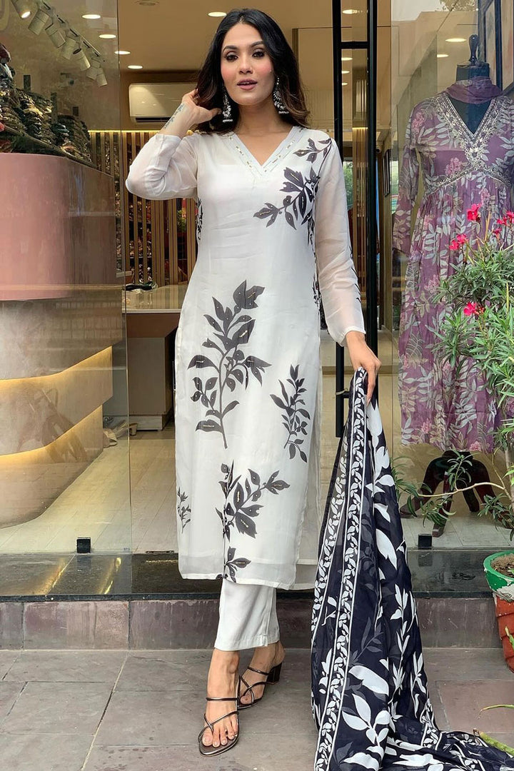 Floral Print Kurta Pant Dupatta Set | Digital Thread Zari Work Kurti