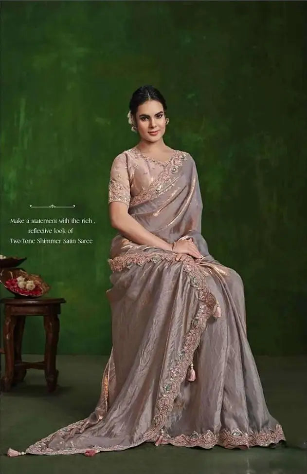 Glamorous Two Tone Satin Saree with Designer Diamond Work