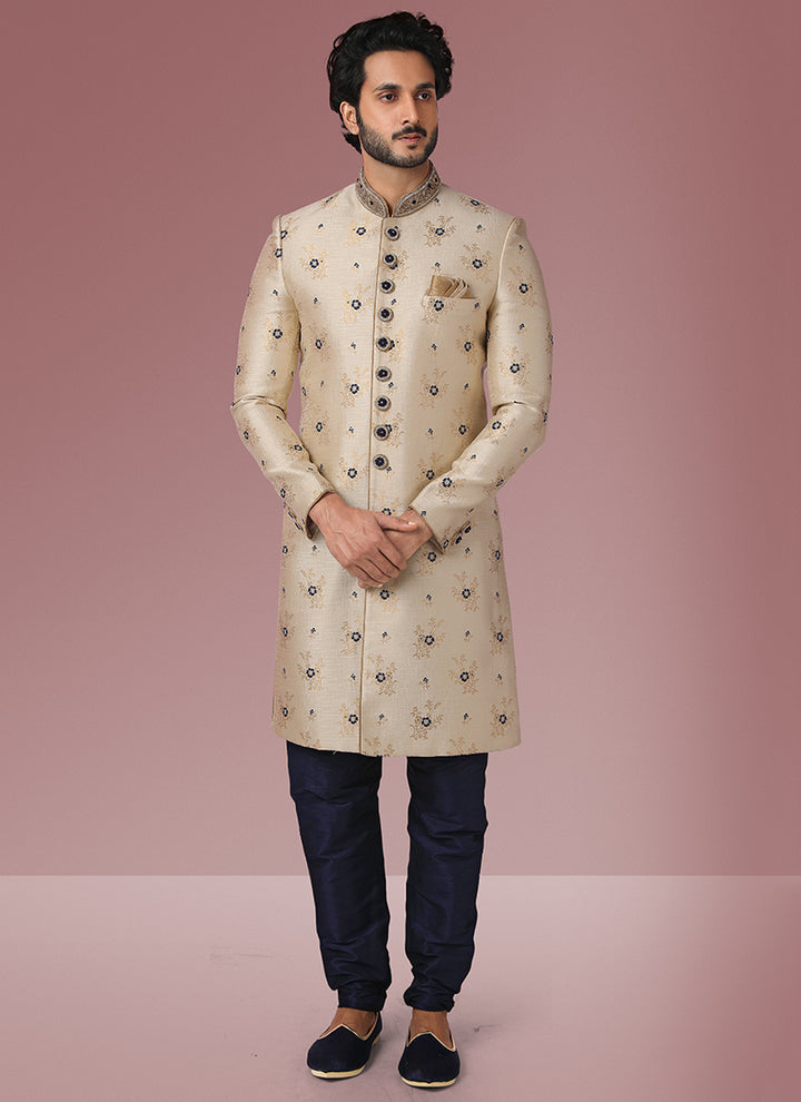 Beige & Navy-Blue Brocade Silk Sherwani | with Embroidery Wedding Wear