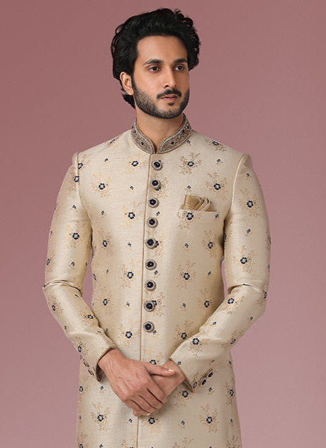 Beige & Navy-Blue Brocade Silk Sherwani | with Embroidery Wedding Wear
