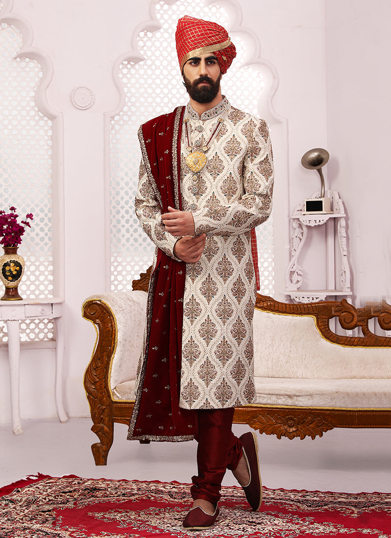 Art Banarasi Silk Groom Sherwani with Dupatta | Wedding Wear with Embroidery