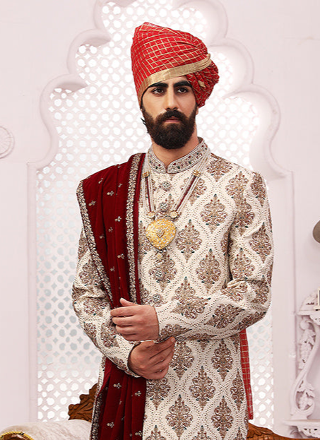 Art Banarasi Silk Groom Sherwani with Dupatta | Wedding Wear with Embroidery