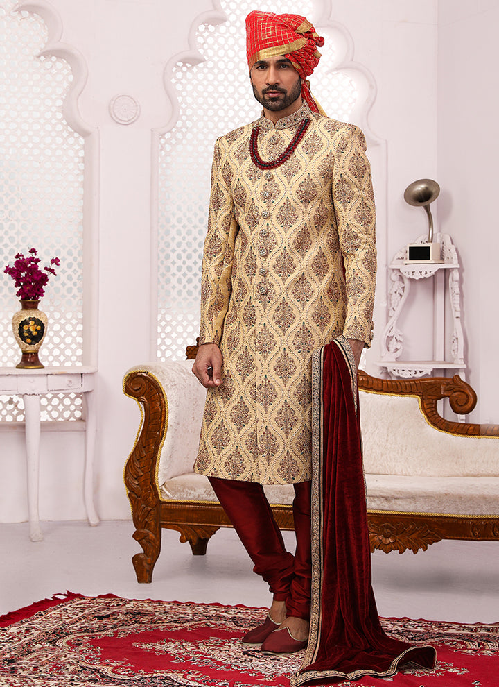Art Banarasi Silk Groom Sherwani with Dupatta | Wedding Wear with Embroidery