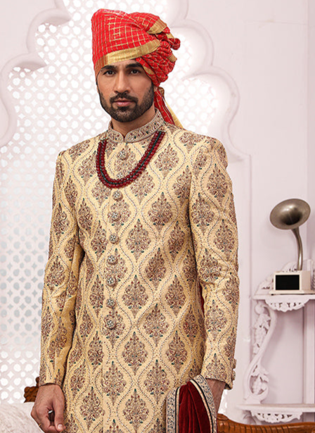 Art Banarasi Silk Groom Sherwani with Dupatta | Wedding Wear with Embroidery