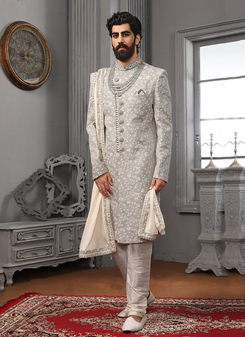 Light Gray Lucknowi Sherwani | Embroidery Work with Dupatta for Receptions
