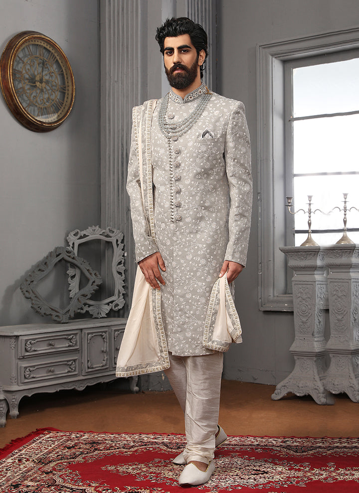 Light Gray Lucknowi Sherwani | Embroidery Work with Dupatta for Receptions