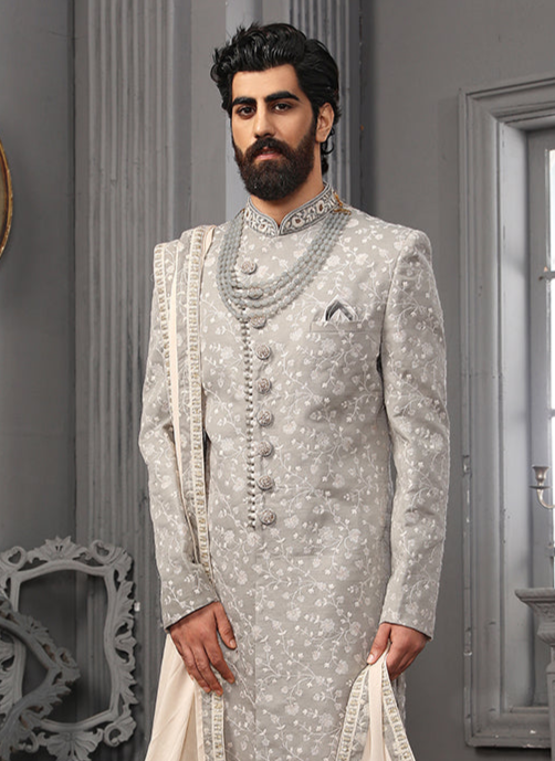 Light Gray Lucknowi Sherwani | Embroidery Work with Dupatta for Receptions