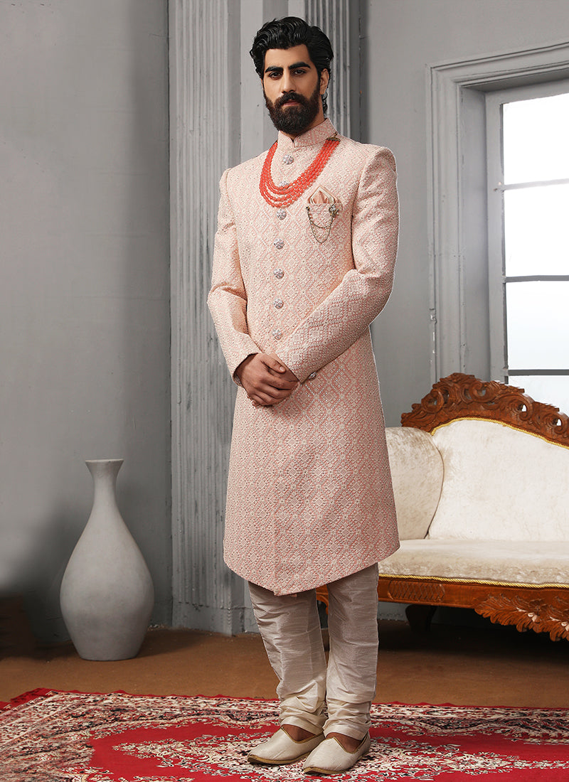 Pink Lucknowi Sherwani | Elegant Embroidery for Receptions & Ceremonies