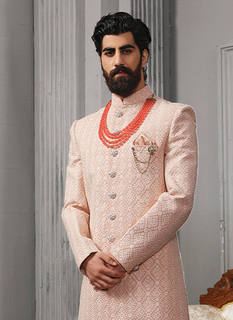 Pink Lucknowi Sherwani | Elegant Embroidery for Receptions & Ceremonies