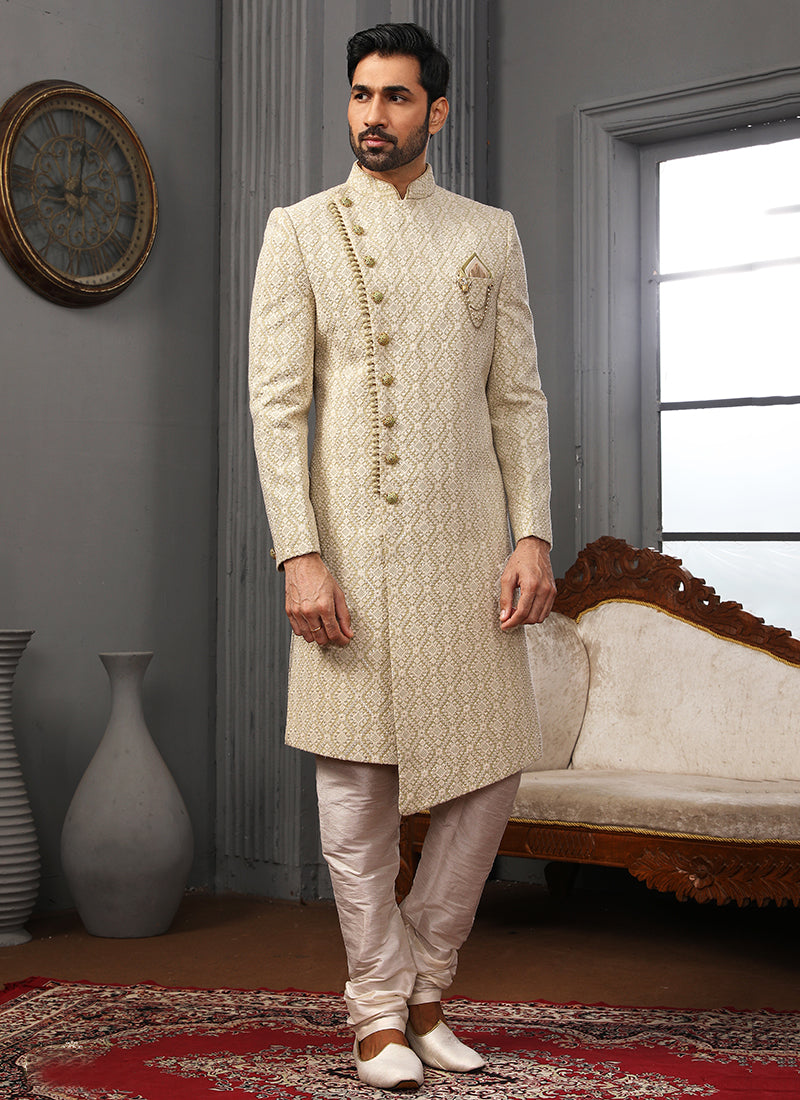Beige Lucknowi Sherwani | Elegant Embroidery for Reception & Festive Wear