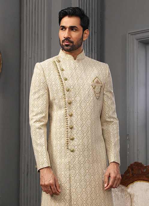 Beige Lucknowi Sherwani | Elegant Embroidery for Reception & Festive Wear