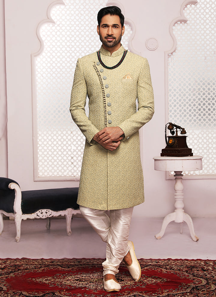 Light Green Lucknowi Sherwani | Elegant Embroidery for Wedding & Festive