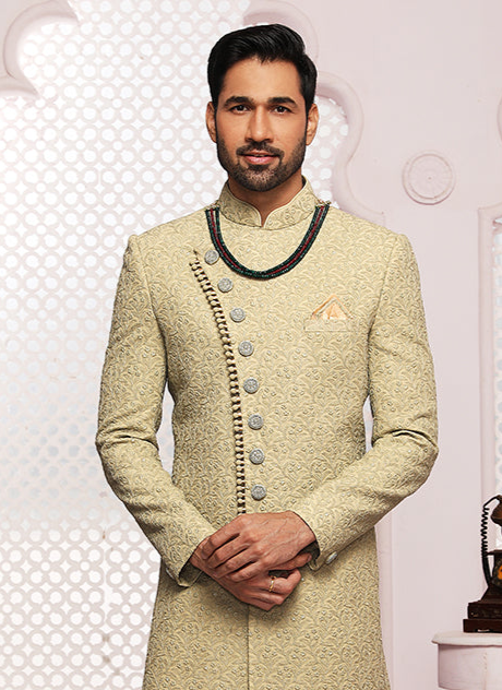 Light Green Lucknowi Sherwani | Elegant Embroidery for Wedding & Festive