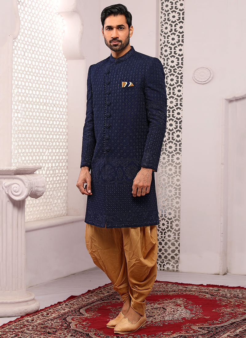 Navy Blue Georgette Sherwani | Elegant Embroidery Work for Wedding Wear
