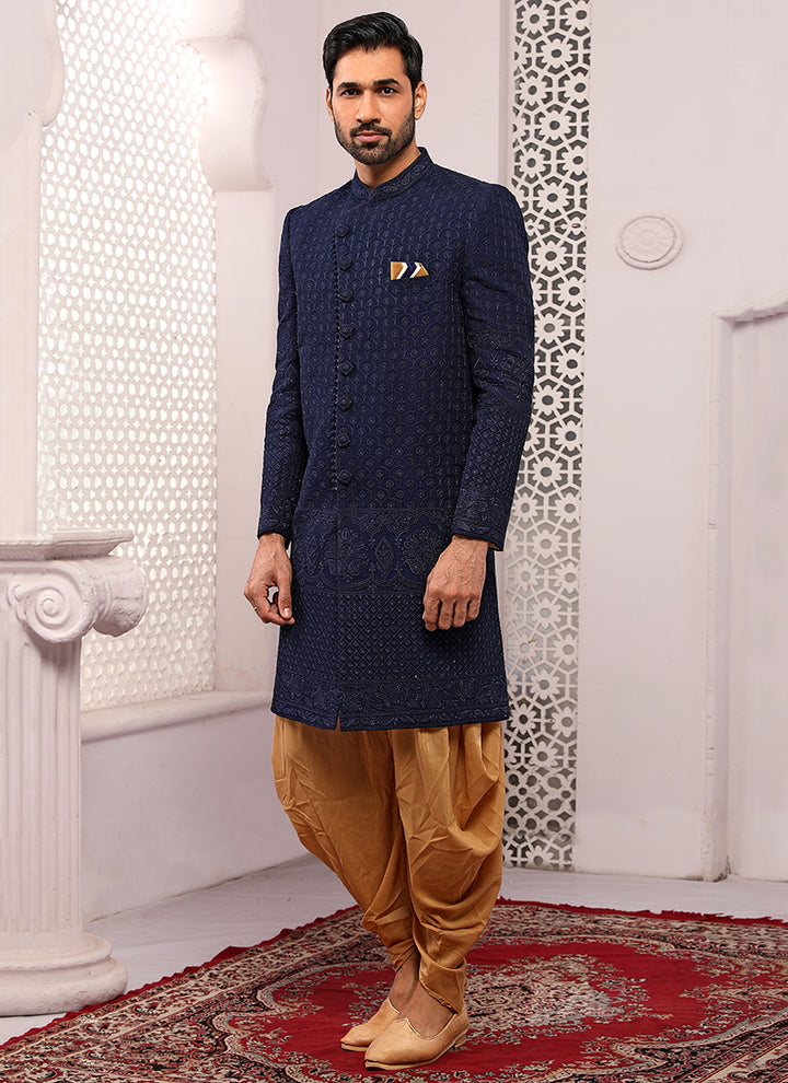 Navy Blue Georgette Sherwani | Elegant Embroidery Work for Wedding Wear
