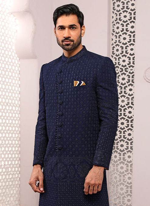 Navy Blue Georgette Sherwani | Elegant Embroidery Work for Wedding Wear