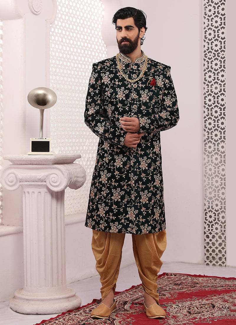 Dark Green Velvet Wedding Sherwani | Royal Dhoti Style for Special Events