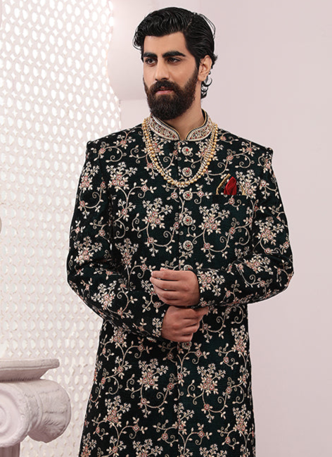 Dark Green Velvet Wedding Sherwani | Royal Dhoti Style for Special Events