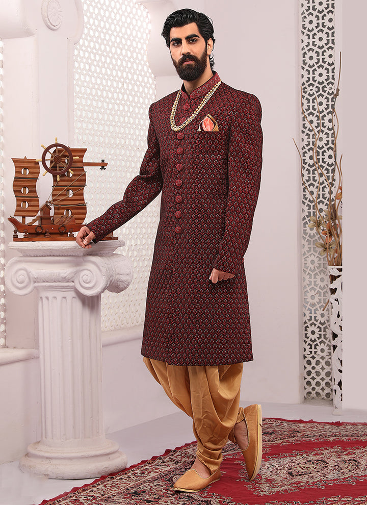 Maroon Velvet Sherwani | Luxurious Embroidery Work for Wedding Wear