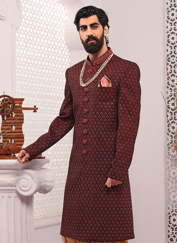 Maroon Velvet Sherwani | Luxurious Embroidery Work for Wedding Wear