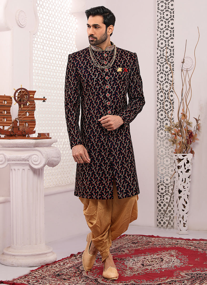 Wine Velvet Wedding Sherwani | Embroidery Work for Special Occasions
