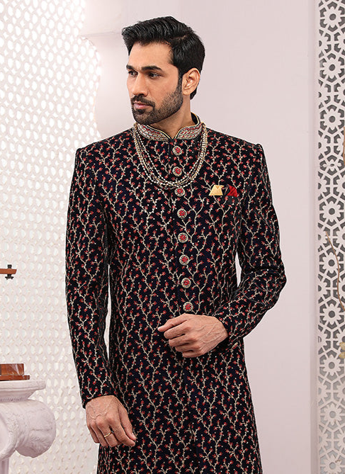 Wine Velvet Wedding Sherwani | Embroidery Work for Special Occasions
