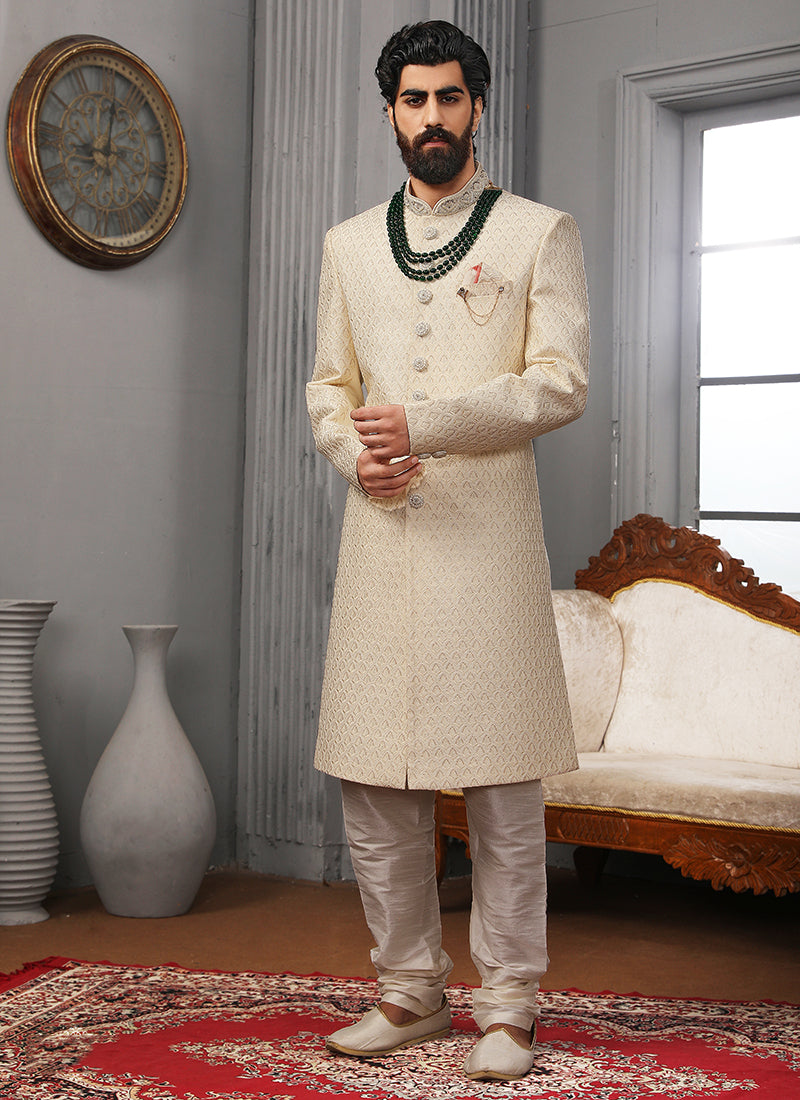 Cream Art Banarasi Silk Sherwani | Elegant Wedding Wear with Embroidery