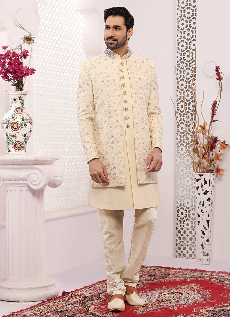 Designer Cream Banarasi Silk Sherwani | Wedding & Festive Indo Western Style