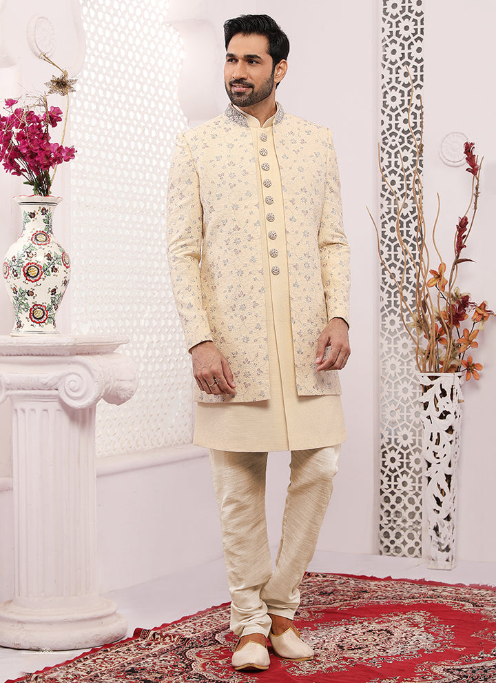 Designer Cream Banarasi Silk Sherwani | Wedding & Festive Indo Western Style