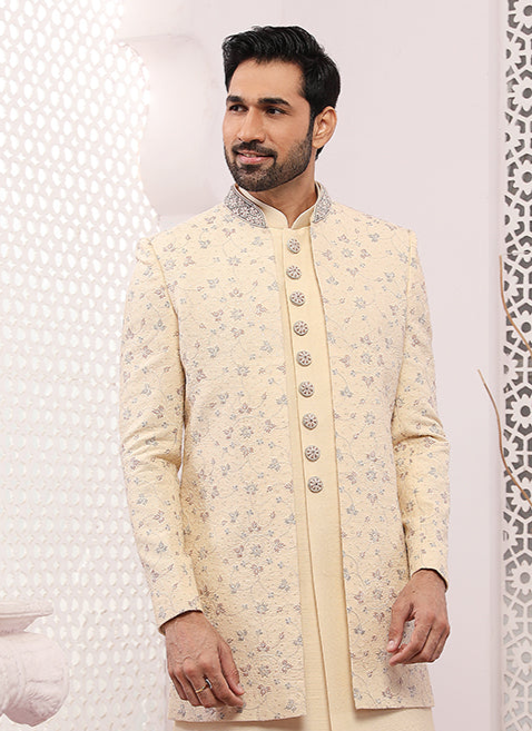 Designer Cream Banarasi Silk Sherwani | Wedding & Festive Indo Western Style