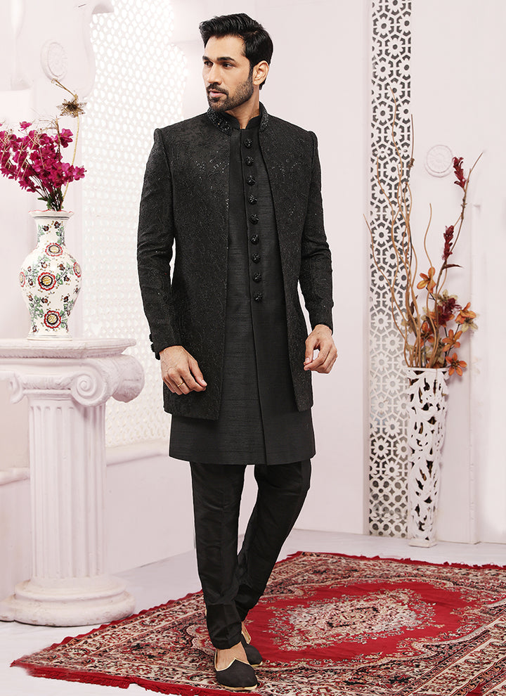 Designer Black Sherwani | Banarasi Silk & Embroidery for Special Occasions