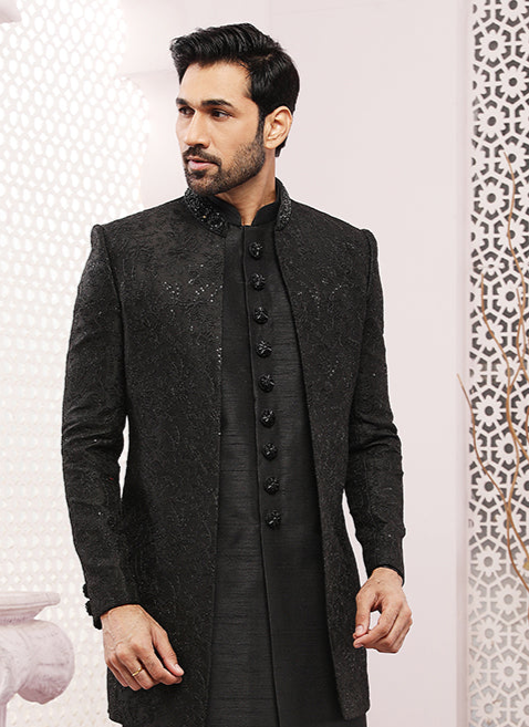 Designer Black Sherwani | Banarasi Silk & Embroidery for Special Occasions