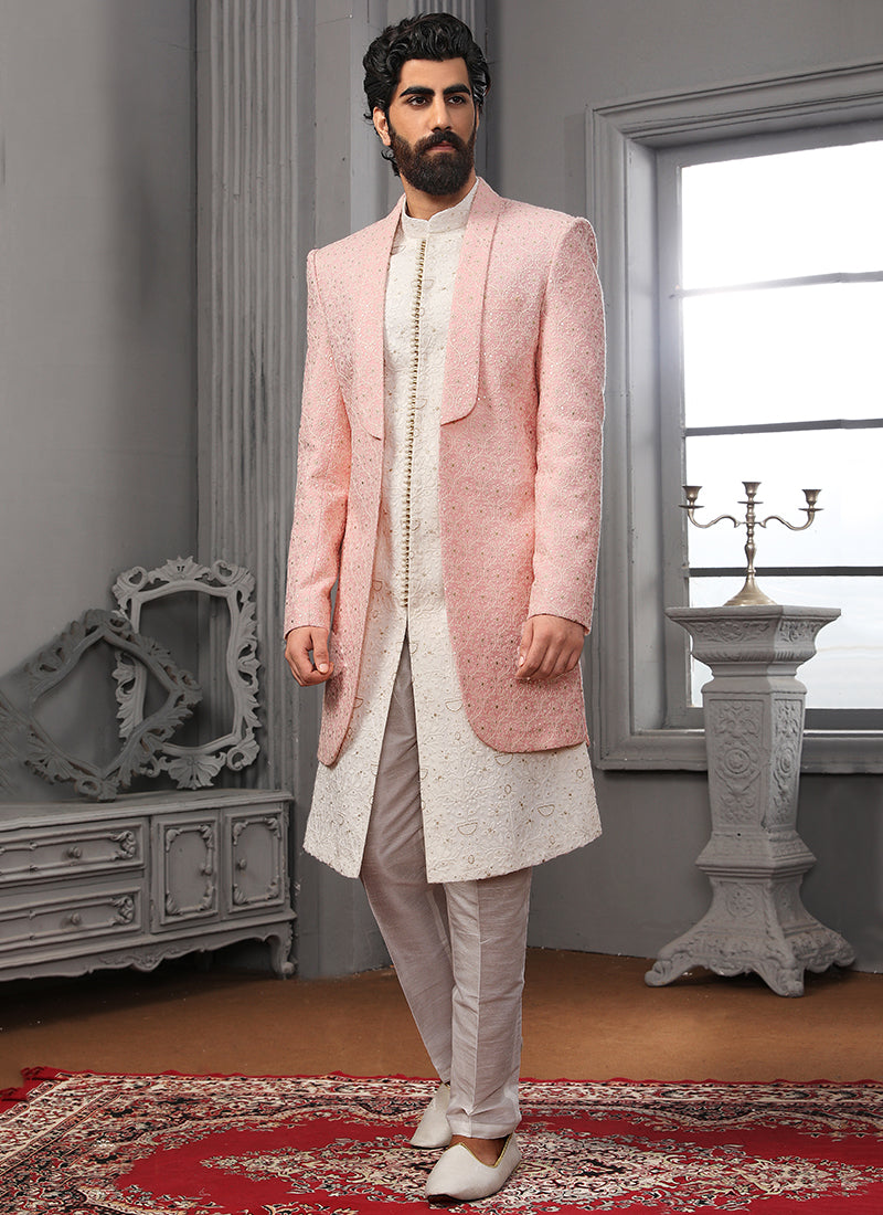 Lucknowi Embroidered Sherwani | Stylish Pink Groom's Ethnic Attire