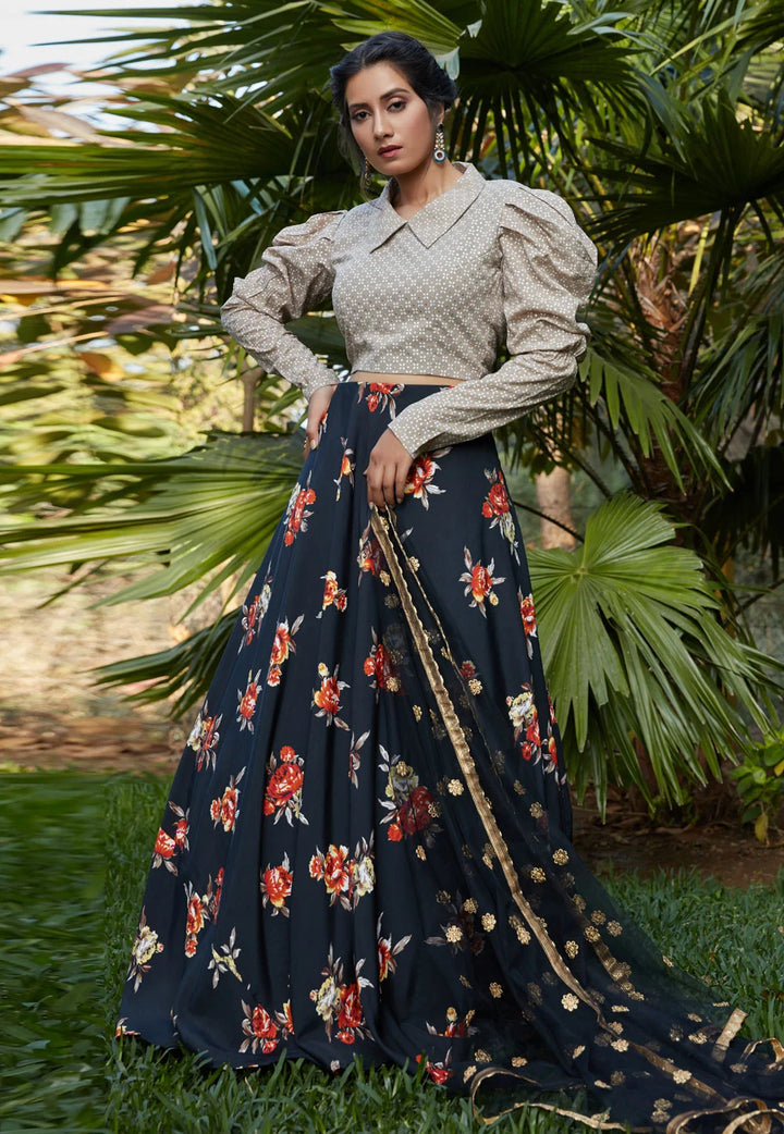 Designer Black Crop Top Lehenga | Pigment Foil & Sequins Work Party Wear