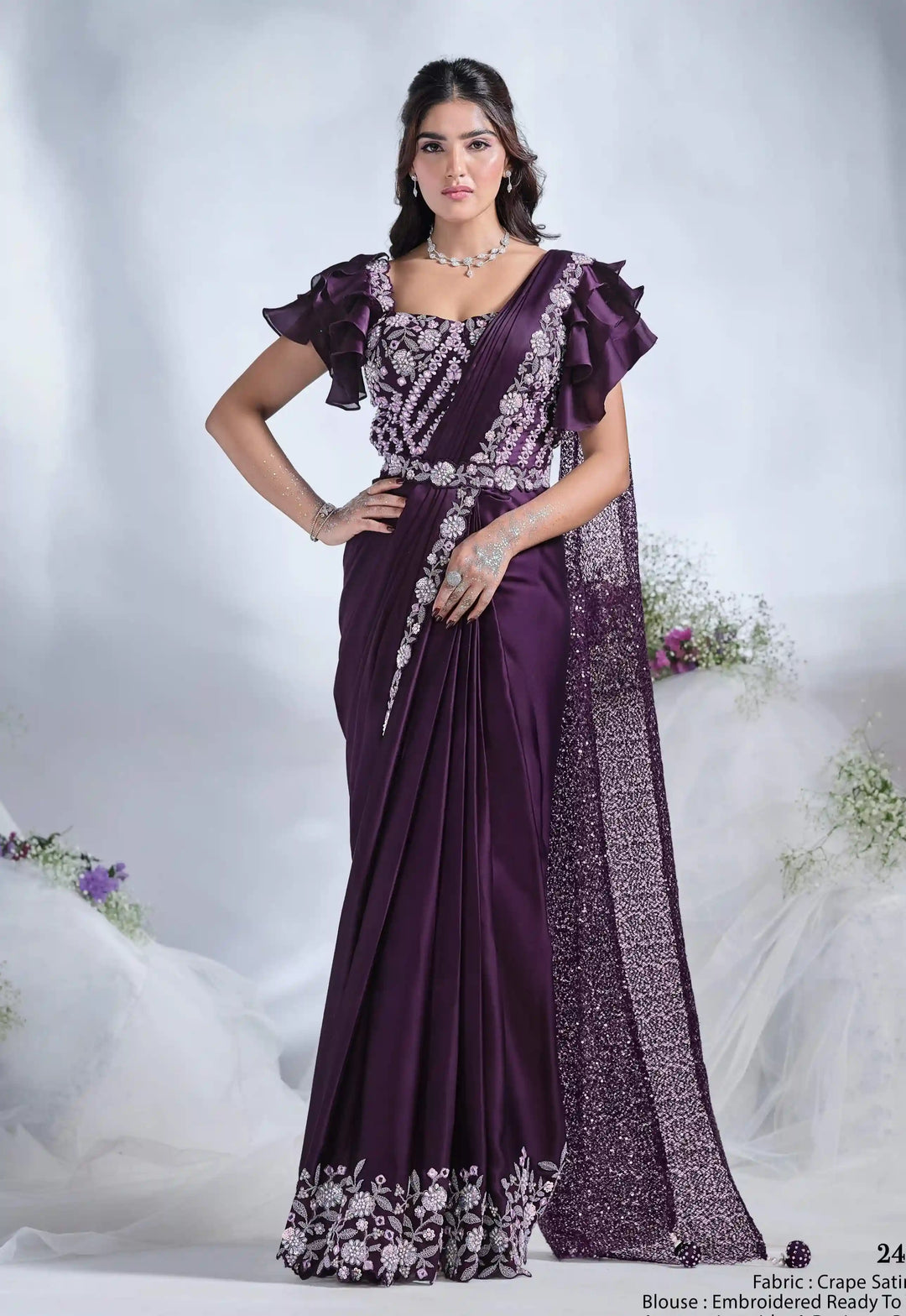 Dark Purple Saree | Mirror & Moti Details on Crepe Satin Silk Fabric
