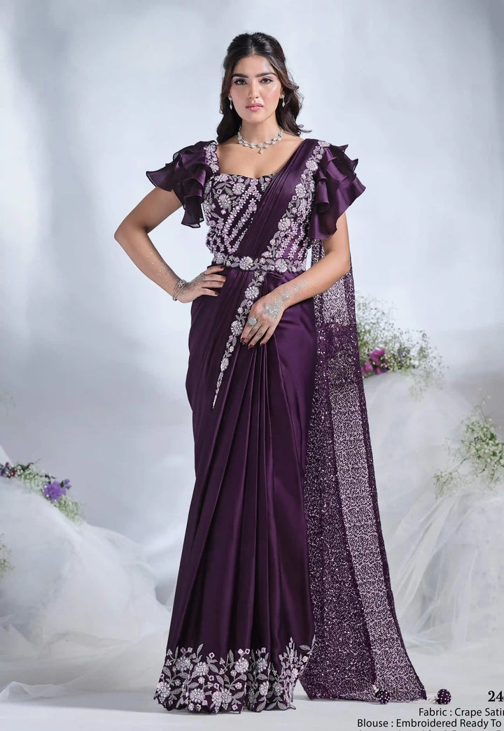 Dark Purple Saree | Mirror & Moti Details on Crepe Satin Silk Fabric