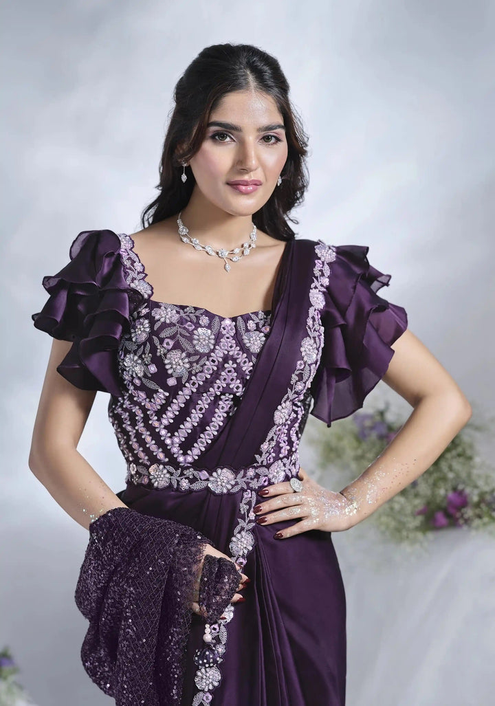 Dark Purple Saree | Mirror & Moti Details on Crepe Satin Silk Fabric