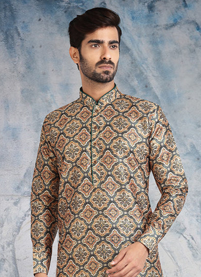 Beige Banarasi Silk Kurta Pajama | Traditional Wear Elegant Printed Design