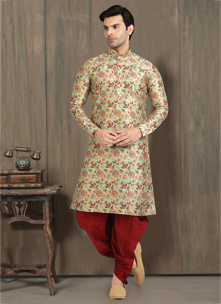 Light Pista Green Printed Kurta Pajama | Banarasi Silk Classic Ethnic Wear for Men