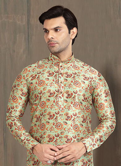 Light Pista Green Printed Kurta Pajama | Banarasi Silk Classic Ethnic Wear for Men