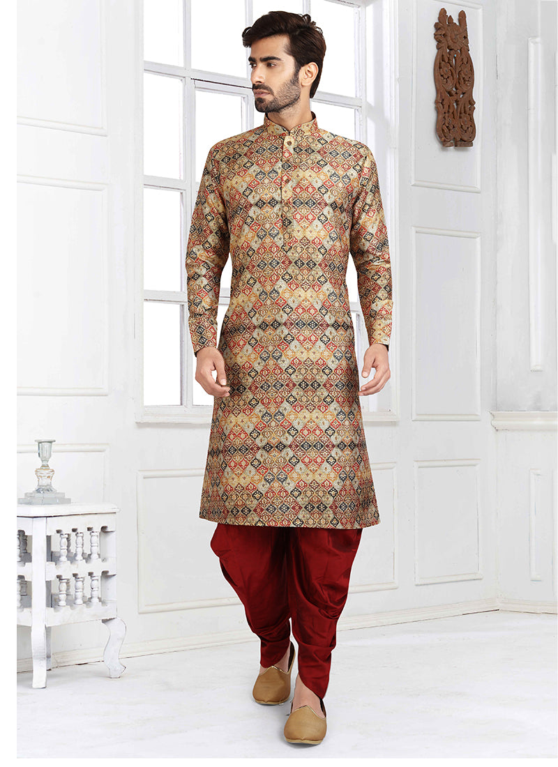 Multicolor Banarasi Silk Kurta Pajama | Traditional Wear Printed Design