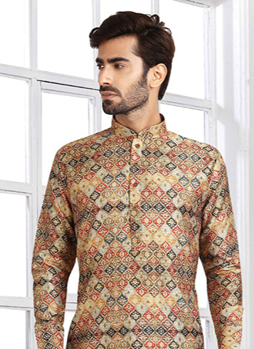 Multicolor Banarasi Silk Kurta Pajama | Traditional Wear Printed Design