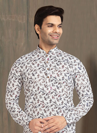 Off White Cotton Kurta Pajama | Traditional Wear Printed Ethnic Outfit